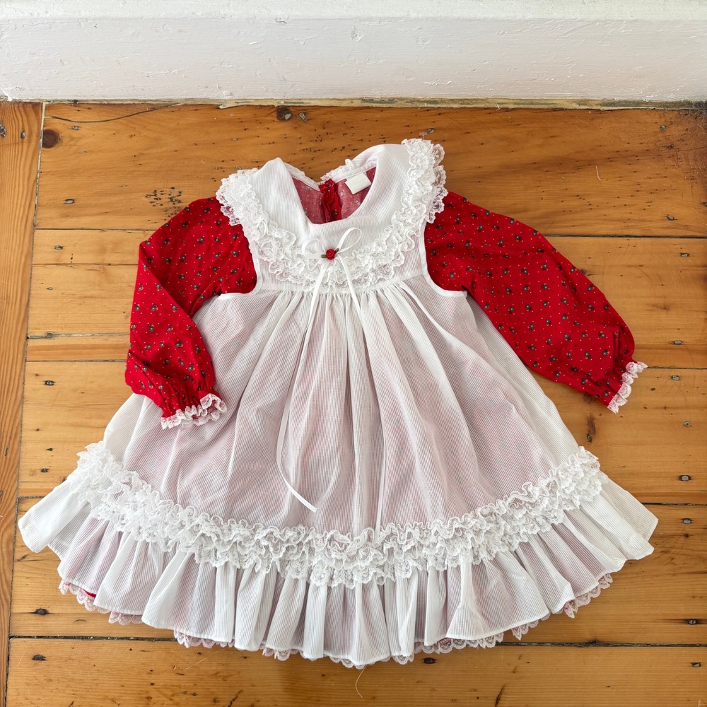 Vintage Girls Red Floral Prairie Dress Lace Pinafore 2 Pc Cottagecore 4T USA